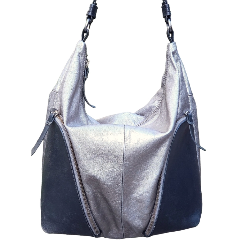 Vintage Tano two tone Metallic leather hobo shoulder bag silver/black
